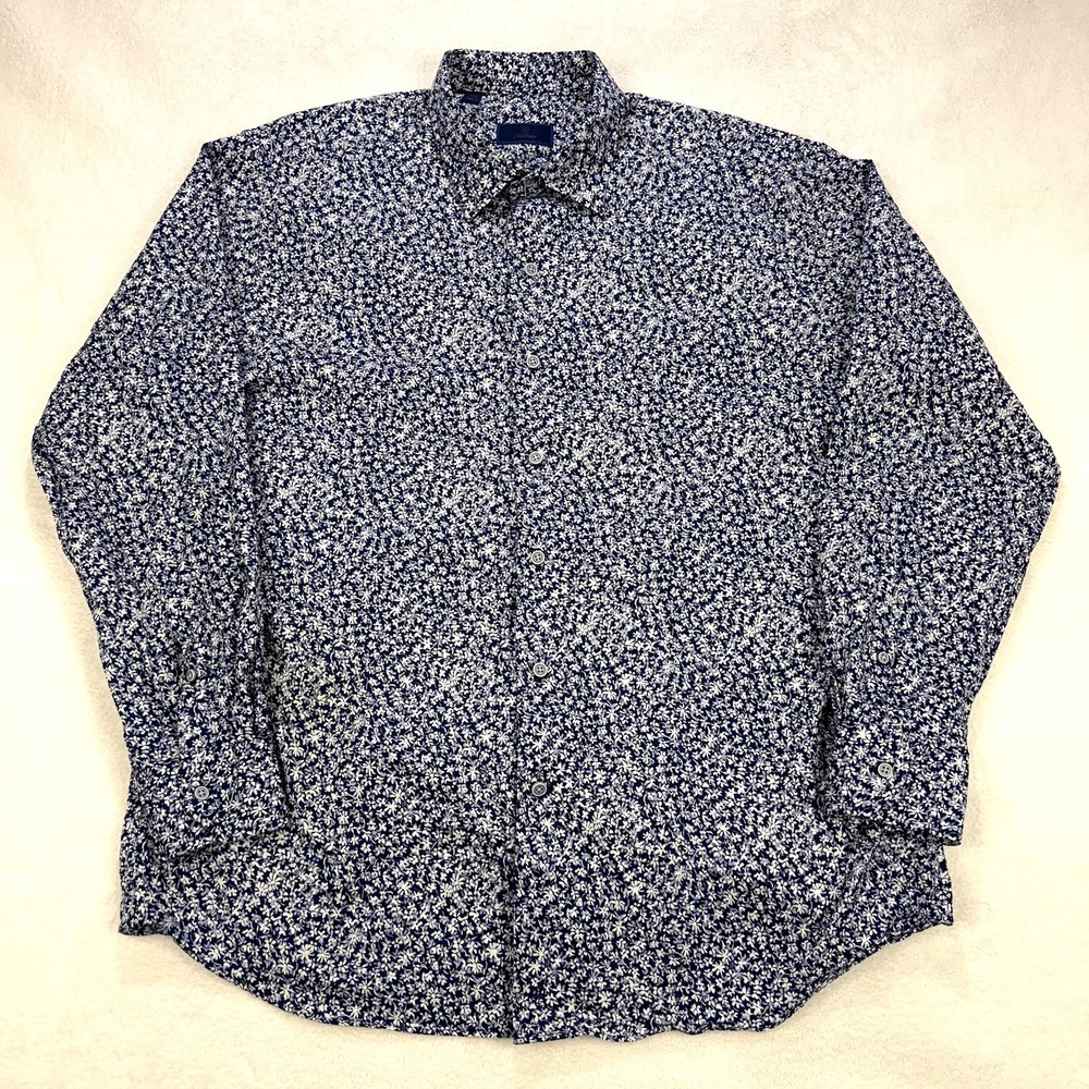 David Donahue Shirt Men XL Blue Floral Button Front L/S Preppy
